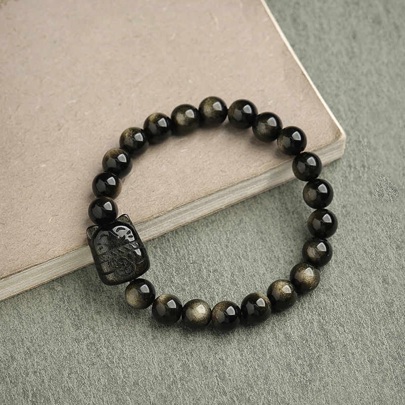 EverestArtStudios Gold Sheen Obsidian Silver Sheen Obsidian Cute Paw Fortunate Cat Protective Bracelet