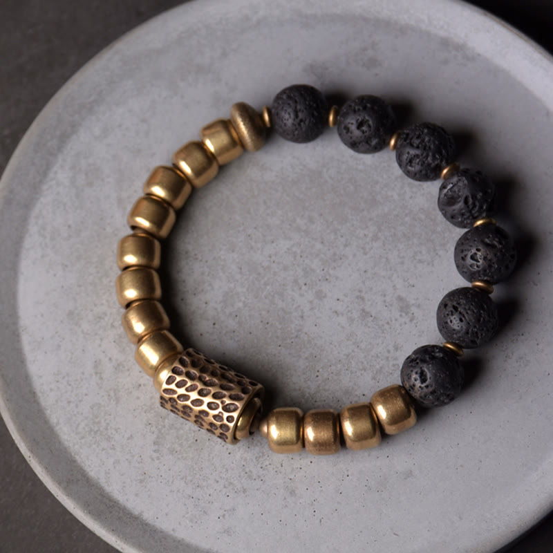 EverestArtstudios Lava Rock Stone Rainbow Obsidian Brass Support Healing Bracelet