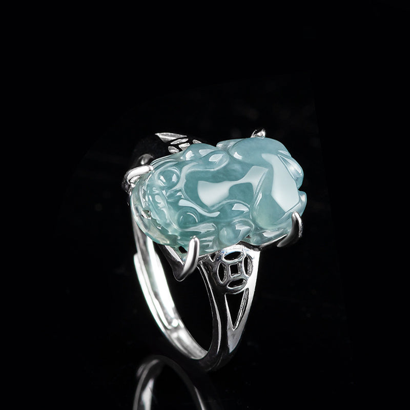 EverestArtstudios 925 Sterling Silver Fengshui Wealth Prosperity Jade PiXiu Luck Ring