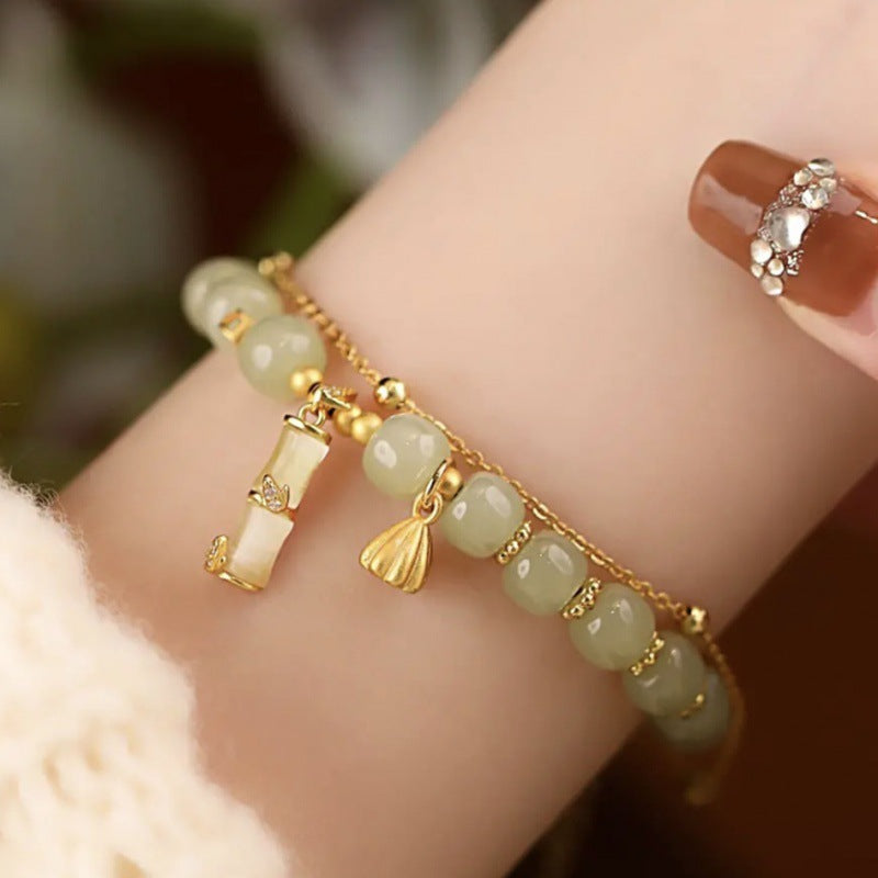 EverestArtstudios Natural Hetian Jade Prosperity Lotus Bamboo Charm Bracelet