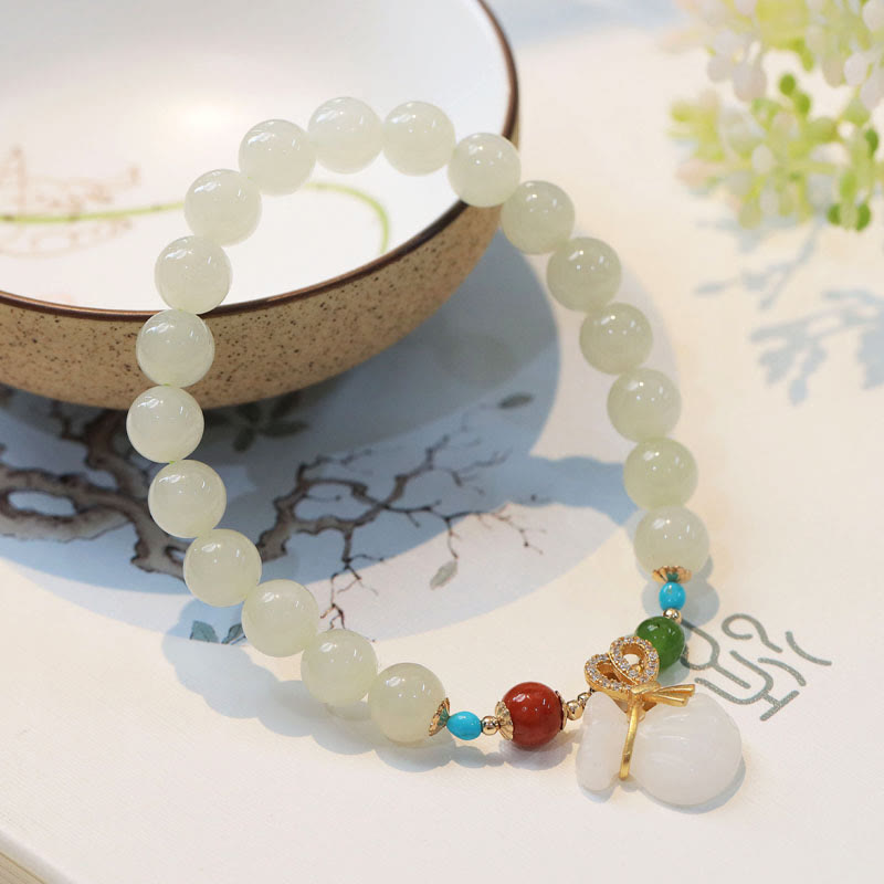 EverestArtstudios Natural Hetian White Jade 14K Gold Plated Money Bag Blessing Bracelet