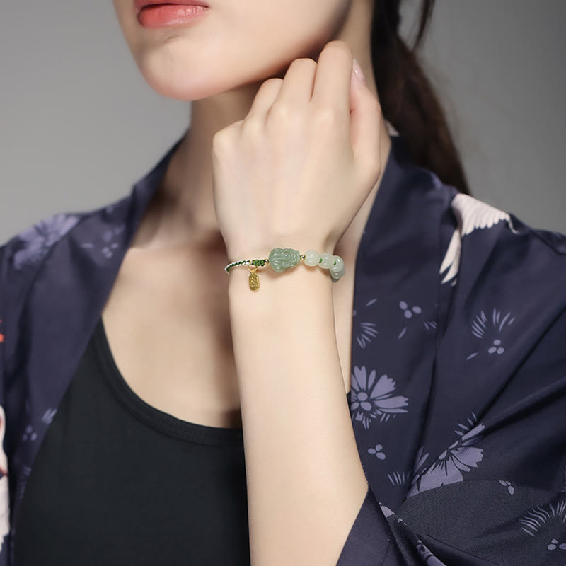 EverestArtstudios Natural Hetian Jade PiXiu Luck Fu Character String Bracelet