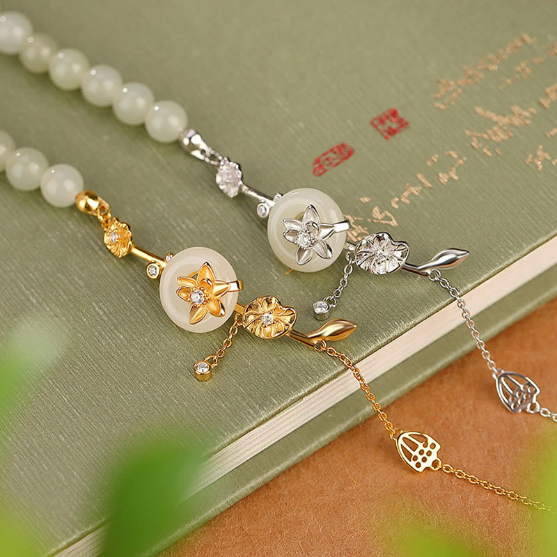 EverestArtstudios 925 Sterling Silver Hetian Jade Peace Buckle Lotus Luck Chain Bracelet
