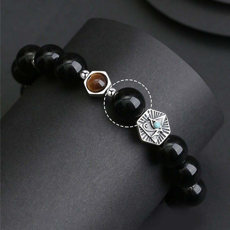 EverestArtstudios 925 Sterling Silver Black Obsidian Tiger Eye Eye of Providence Purification Bracelet