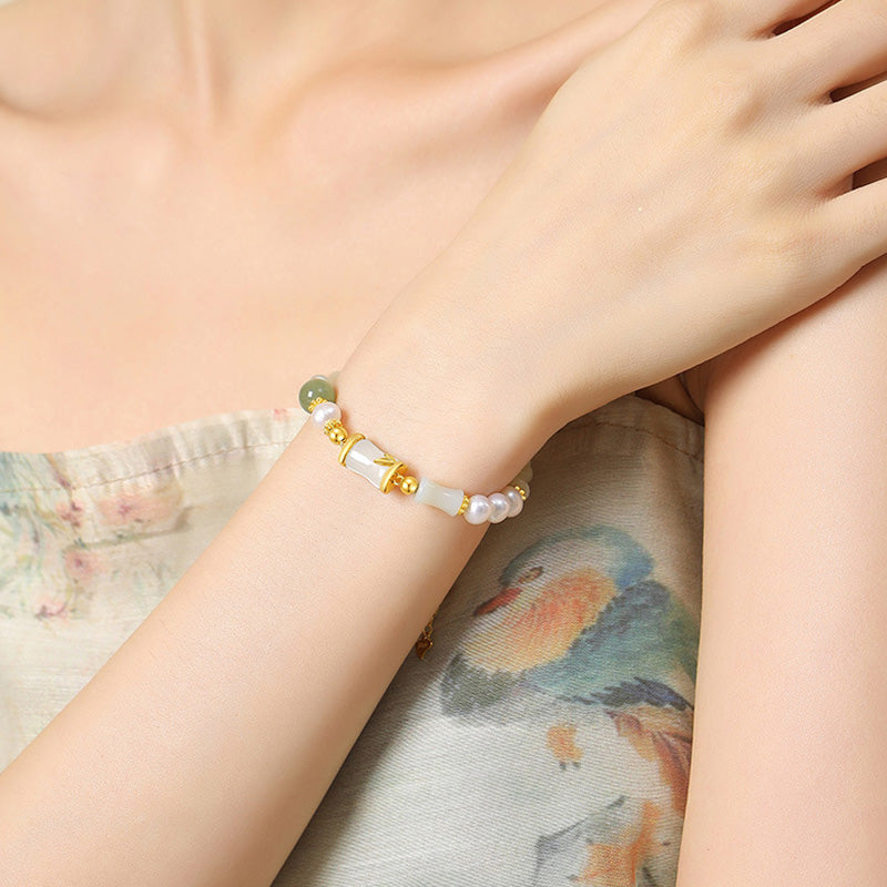 EverestArtstudios 925 Sterling Silver Natural Hetian White Jade Bamboo Luck Blessing Bracelet