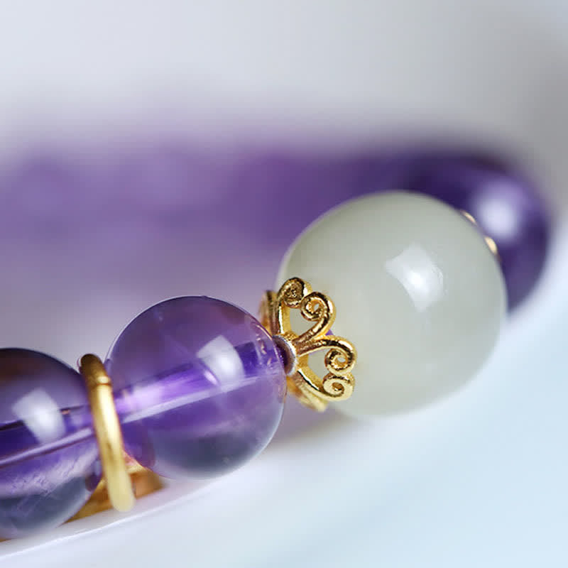 EverestArtstudios Natural Amethyst Crystal Hetian Jade Healing Charm Bracelet
