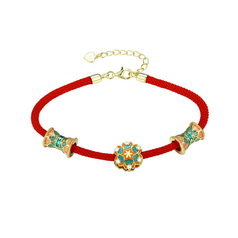 EverestArtStudios Dunhuang 925 Sterling Silver Lotus Drum New Beginning Red Cord Bracelet