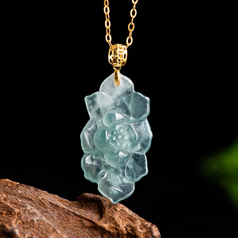 EverestArtstudios Natural Jade Lotus Pattern Prosperity Titanium Steel Chain Necklace Pendant