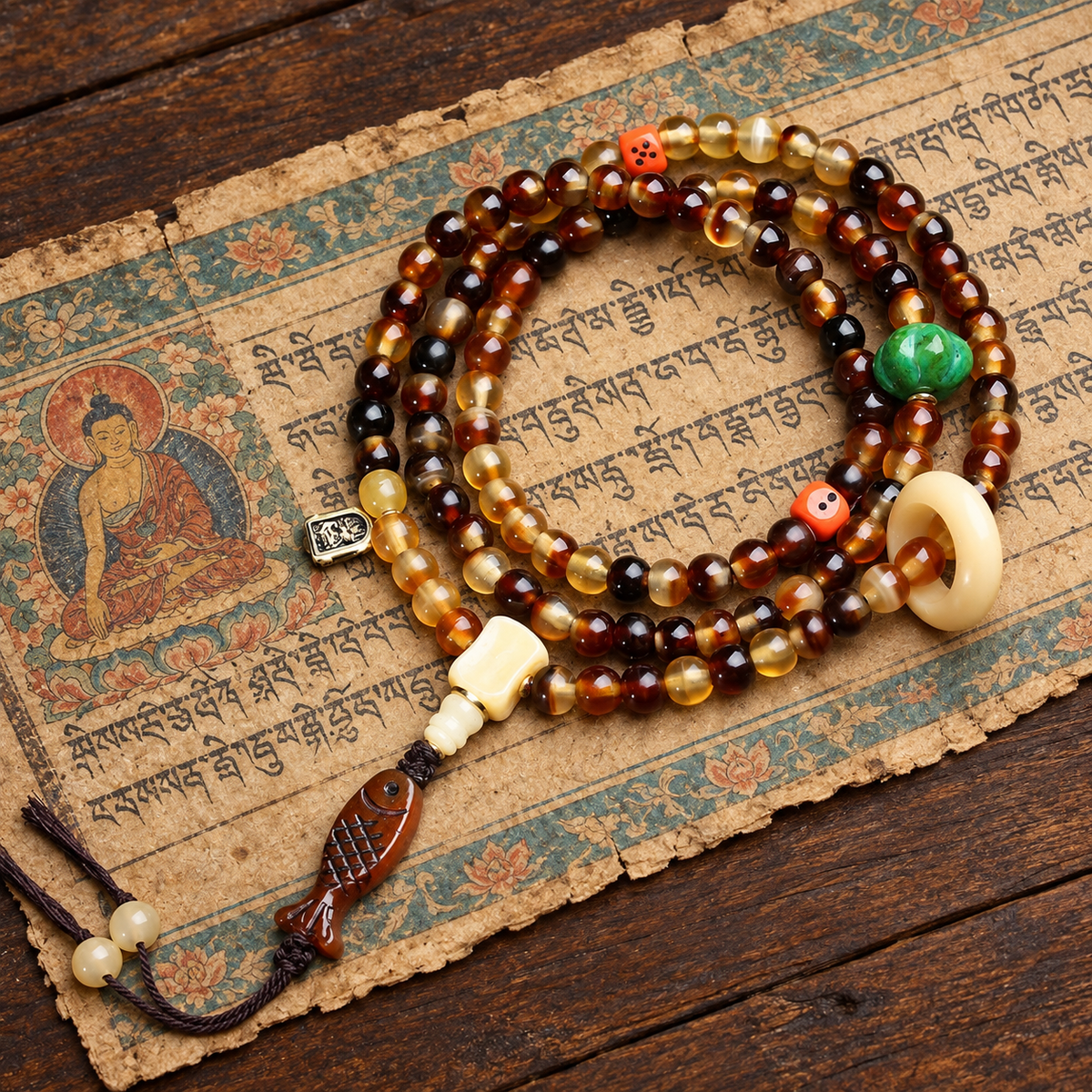 EverestArtstudios Golden Armor 108-Bead Mala with Bone and Dice Accents — styled on wood with a scripture display prop