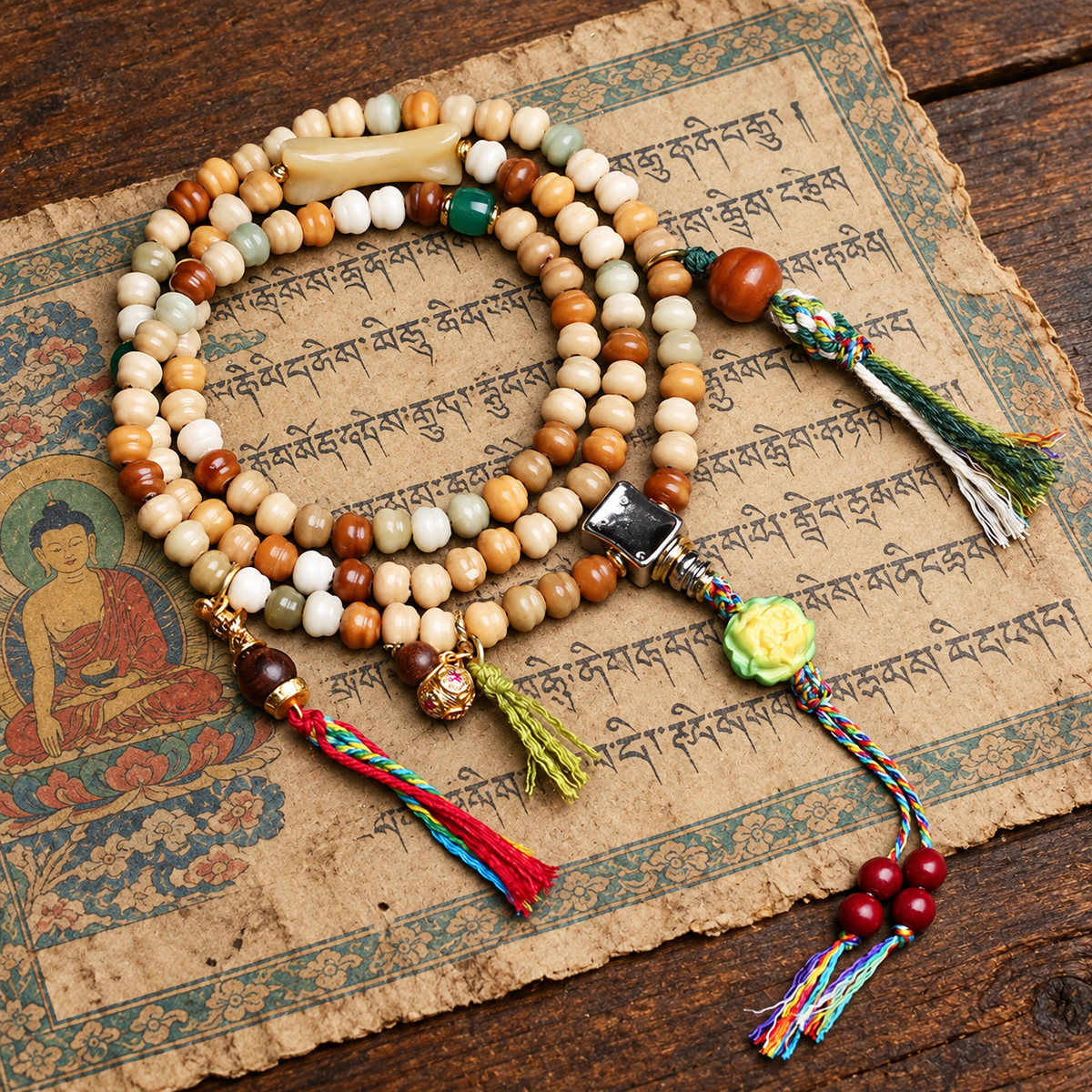 EverestArtstudios Dragon Ridge Bodhi 108-Bead Mala with Agate and Gourd Motif Accents — styled on wood with a scripture display prop