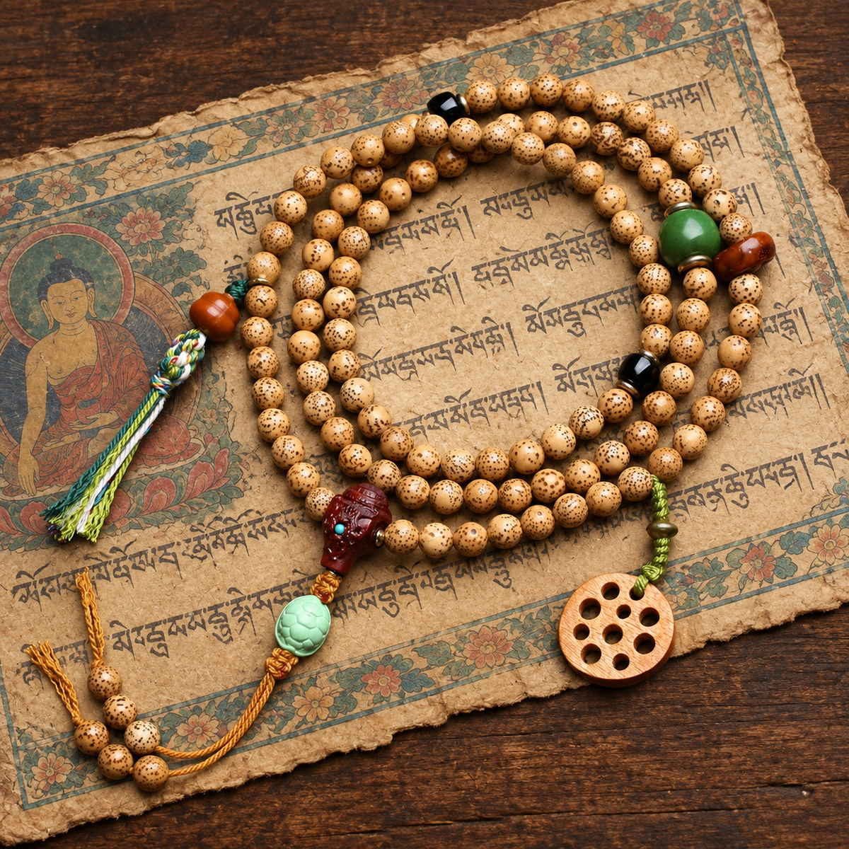 EverestArtstudios Xingyue Bodhi 108-Bead Mala with Sandalwood and Carved Wood Accents — styled on wood with a scripture display prop