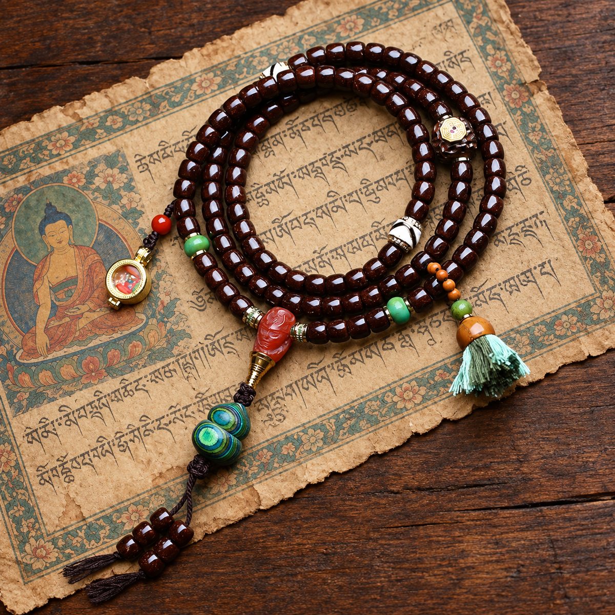 EverestArtstudios Coconut 108-Bead Mala with Dzi-Style Beads and Ghau Pendant — styled on wood with a scripture display prop