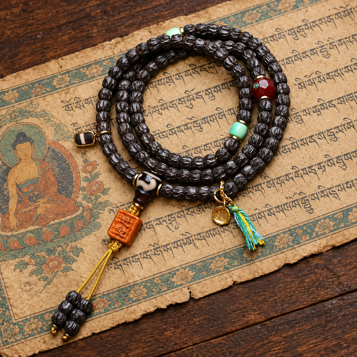 EverestArtstudios Coconut Prayer Beads with Carved Seed and Agate Accents — styled on wood with a scripture display prop
