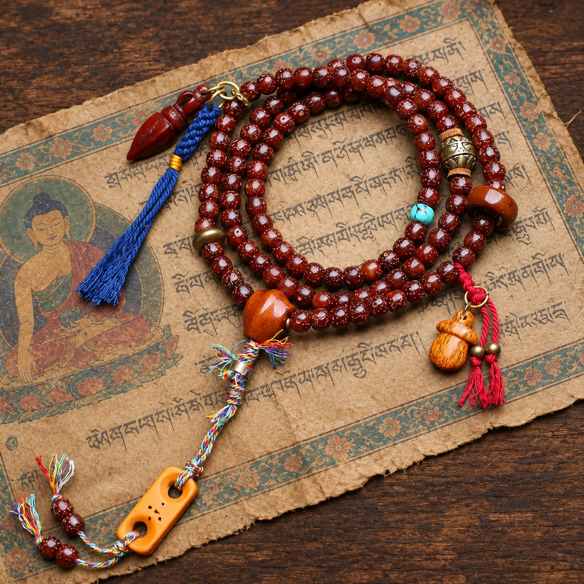 EverestArtstudios Xingyue Bodhi Mala with Turquoise and Carved Accents — styled on wood with a scripture display prop