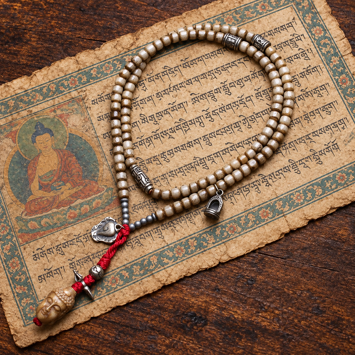 EverestArtstudios Bone 108-Bead Mala with Nine-Eye Motif and Conch Accents — styled on wood with a scripture display prop