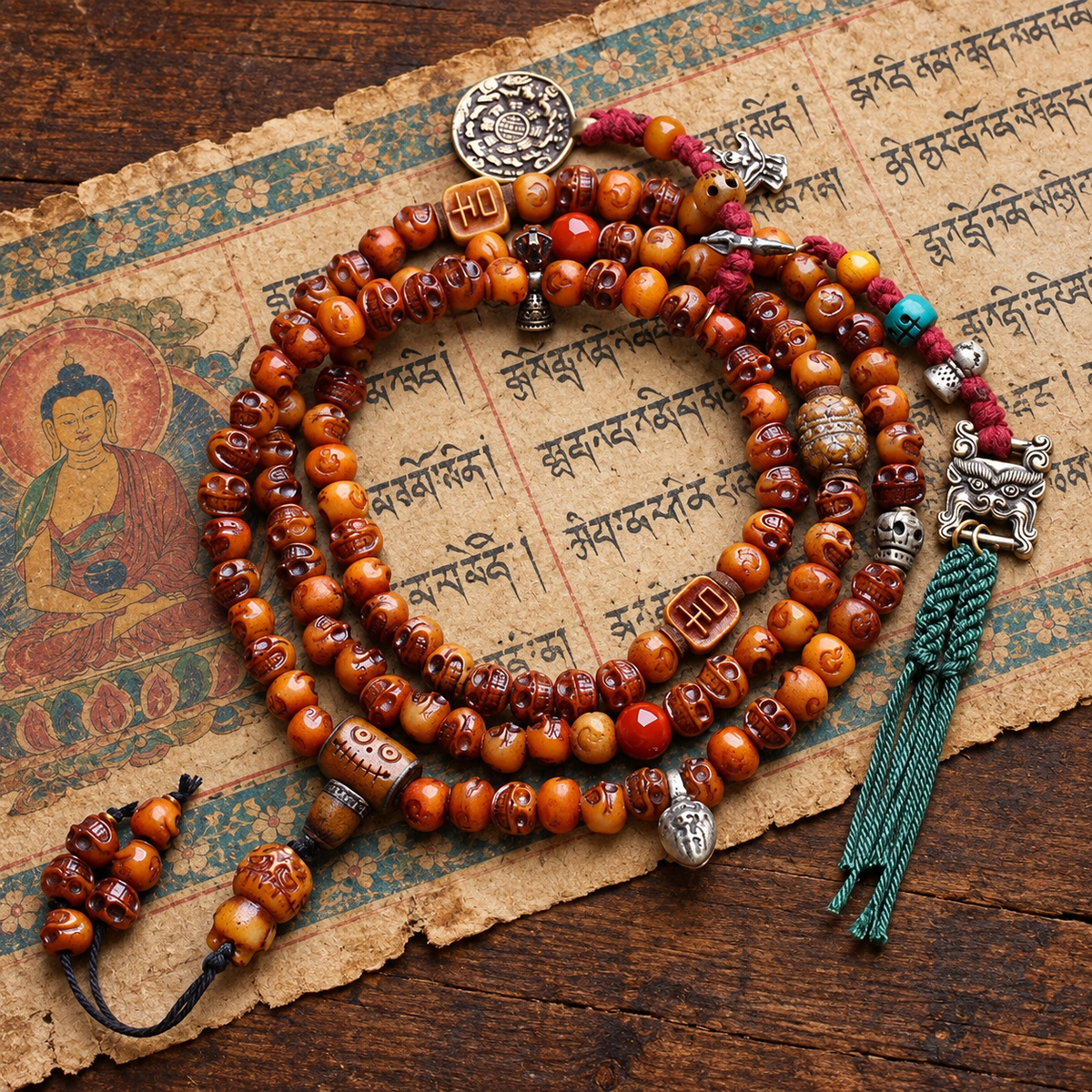 EverestArtstudios Carved Bone 108-Bead Mala with Yak Bone and Lotus Accents — styled on wood with a scripture display prop