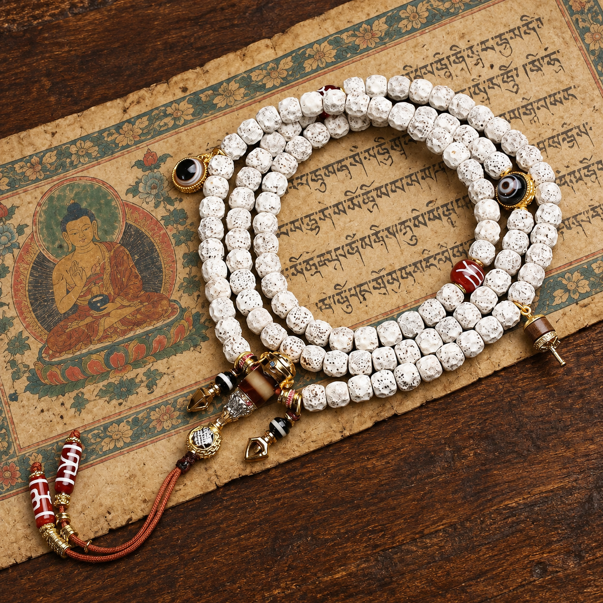 EverestArtstudios Carved Xingyue Bodhi 108-Bead Mala with Dzi-Style Agate Accents — styled on wood with a scripture display prop