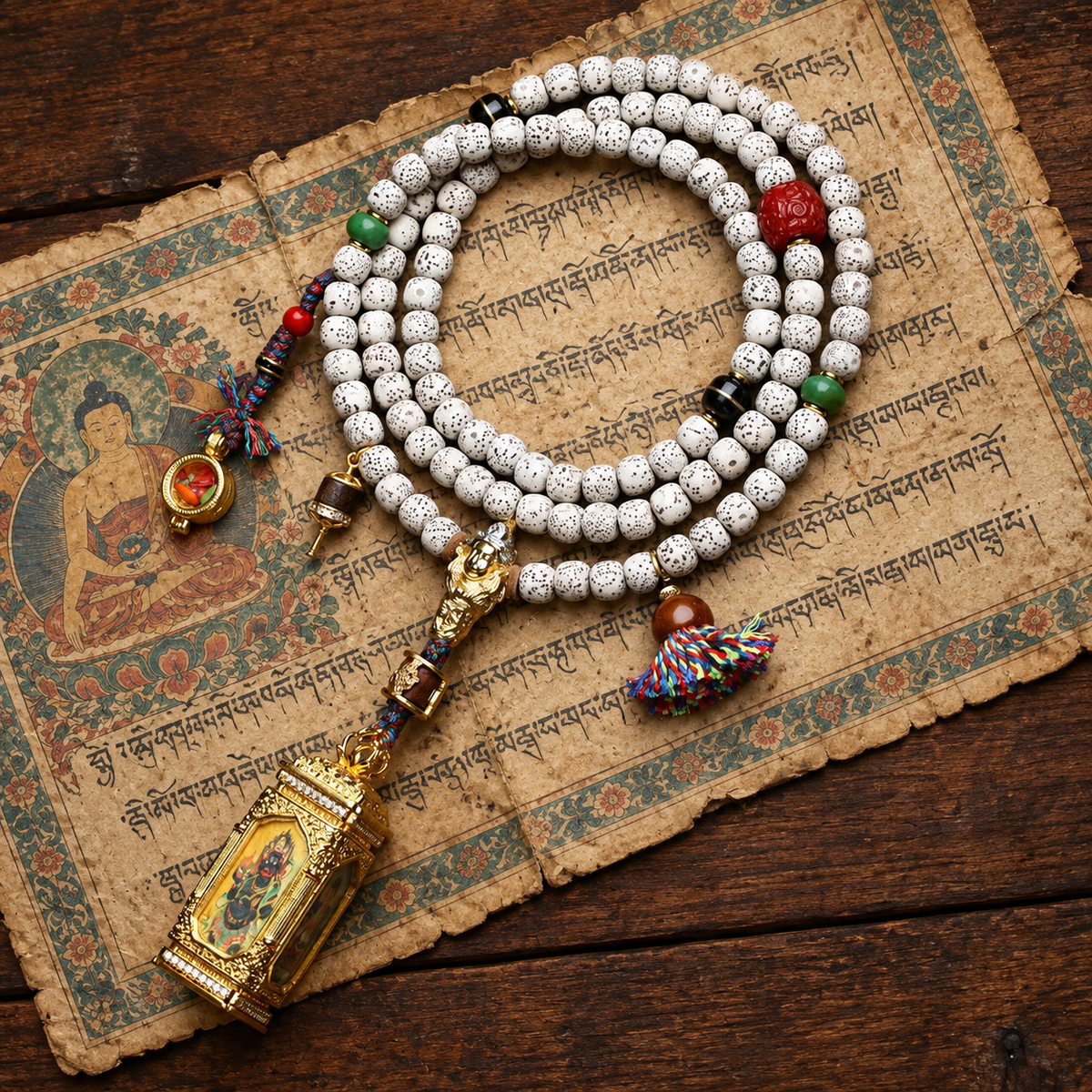 EverestArtstudios Xingyue Bodhi 108-Bead Mala with Four-Sided Thangka and Agate Accents — styled on wood with a scripture display prop