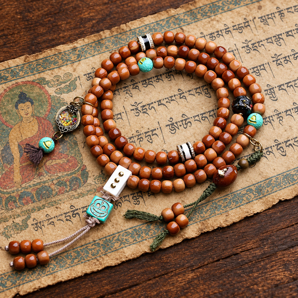 EverestArtstudios 108-Bead Mala with Phoenix Eye Bodhi, Agate and Antler Accents — styled on wood with a scripture display prop