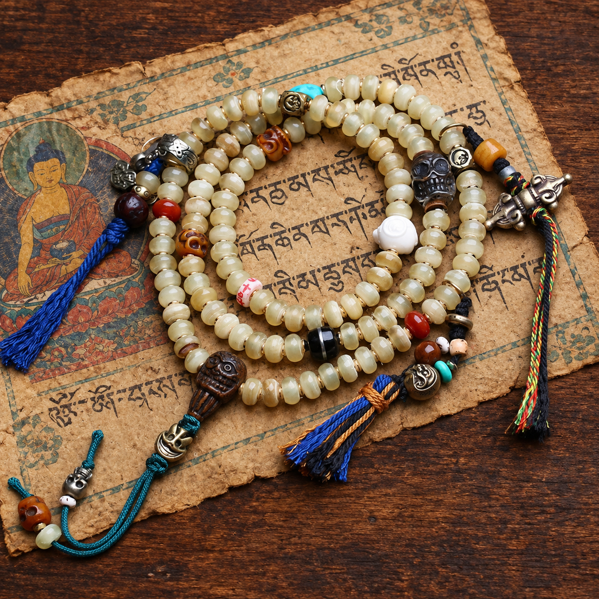 EverestArtstudios Bamboo-Pattern 108-Bead Mala with Carved Charms and Tassels — styled on wood with a scripture display prop