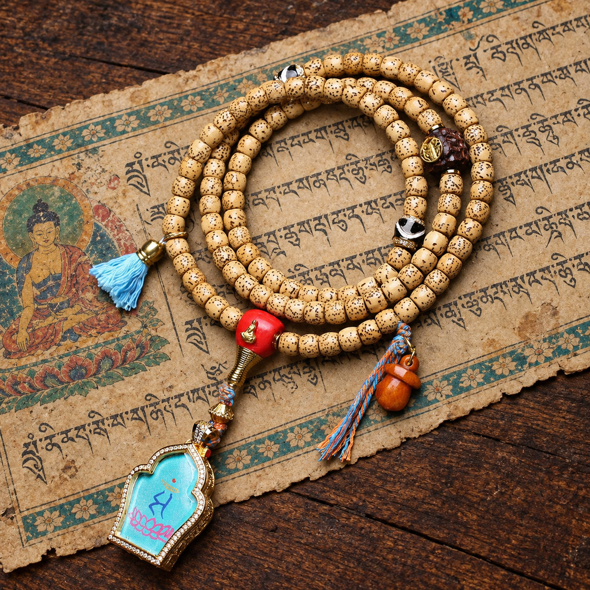 EverestArtstudios Xingyue Bodhi 108-Bead Mala with Manjushri-Inspired Thangka Pendant — styled on wood with a scripture display prop