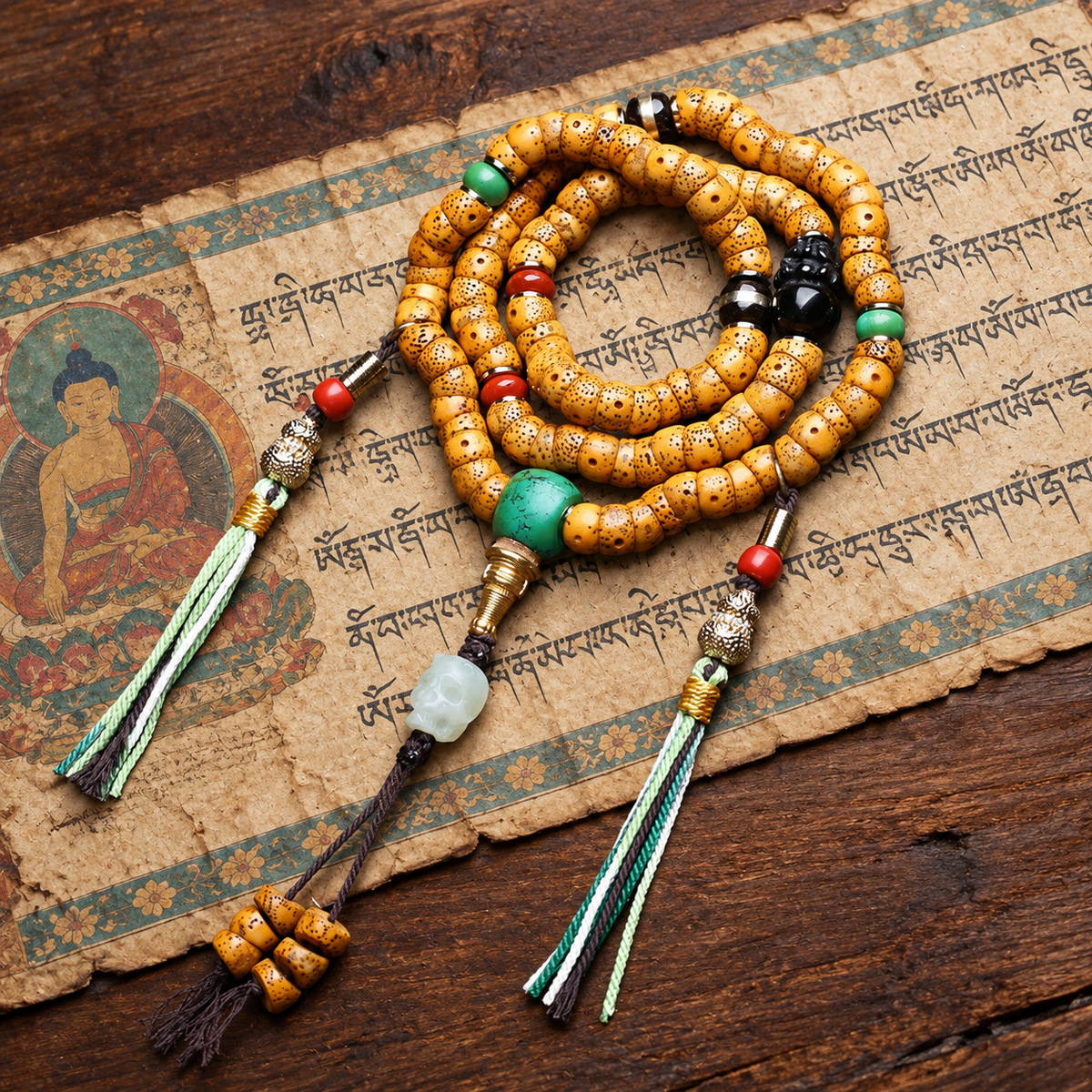 EverestArtstudios Xingyue Bodhi 108-Bead Mala with Obsidian, Turquoise and Agate — styled on wood with a scripture display prop