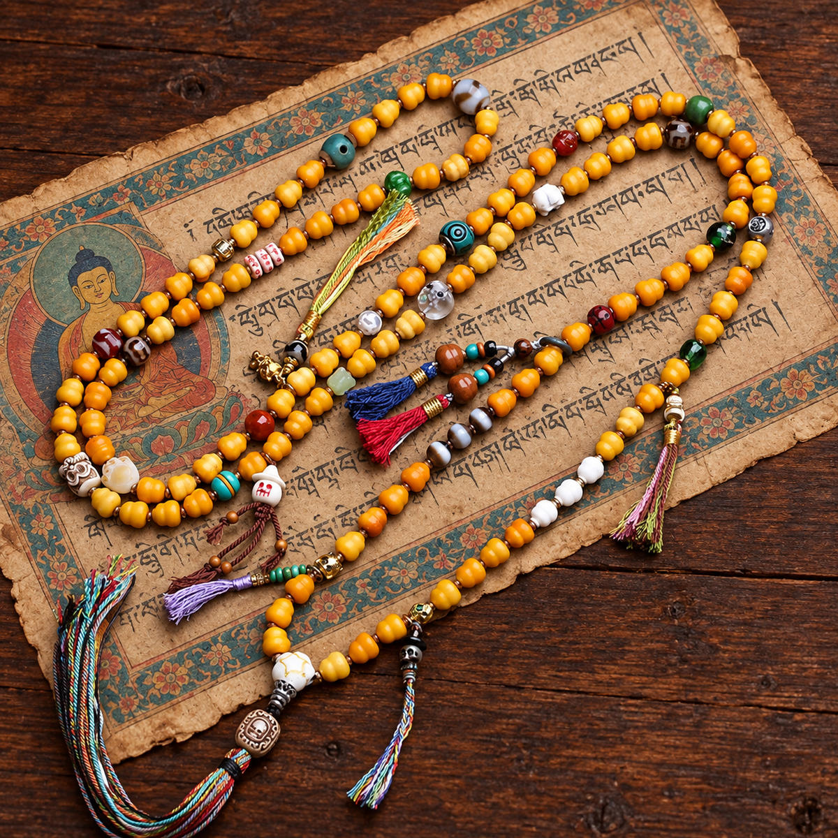 EverestArtstudios Carved Bone Mala with Gourd and Dzi-Style Agate Accents — styled on wood with a scripture display prop