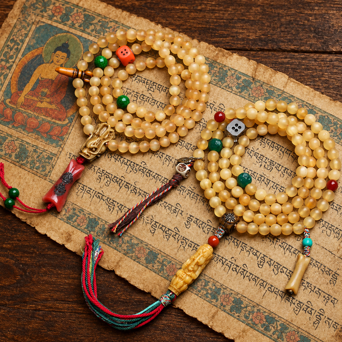 EverestArtstudios 108-Bead Mala with Agate and Bone Accents — styled on wood with a scripture display prop