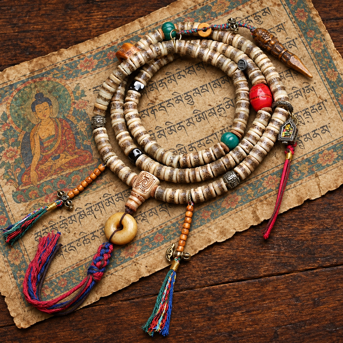 EverestArtstudios 108-Bead Mala with Camel Bone and Ghau Pendant — styled on wood with a scripture display prop