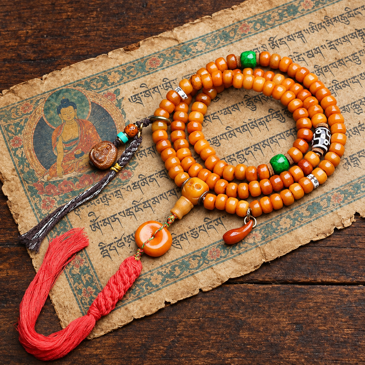 EverestArtstudios Yak Bone 108-Bead Mala in Four Decorative Styles — styled on wood with a scripture display prop