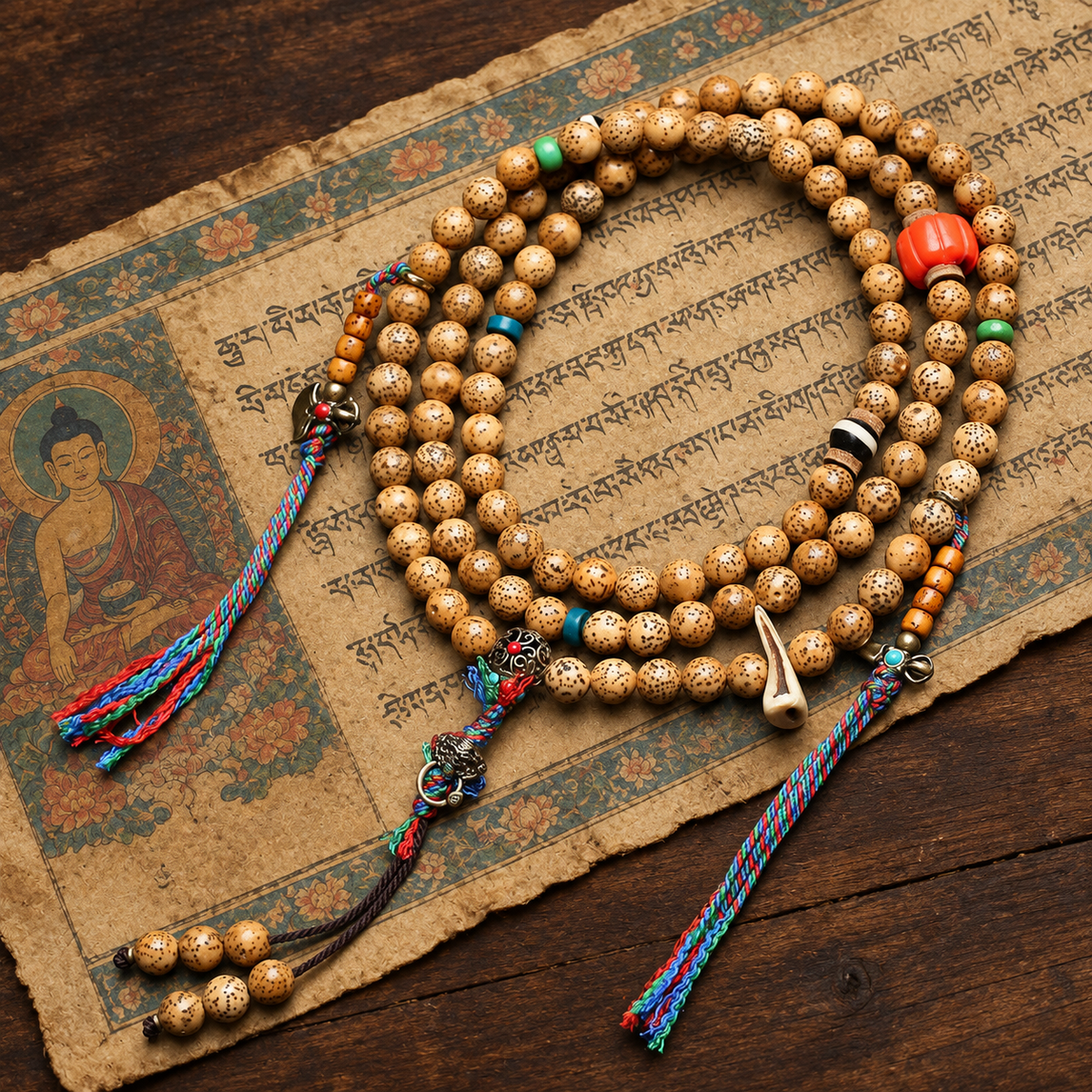 EverestArtstudios Textured Xingyue Bodhi 108-Bead Mala with Coral and Yak Bone Accents — styled on wood with a scripture display prop