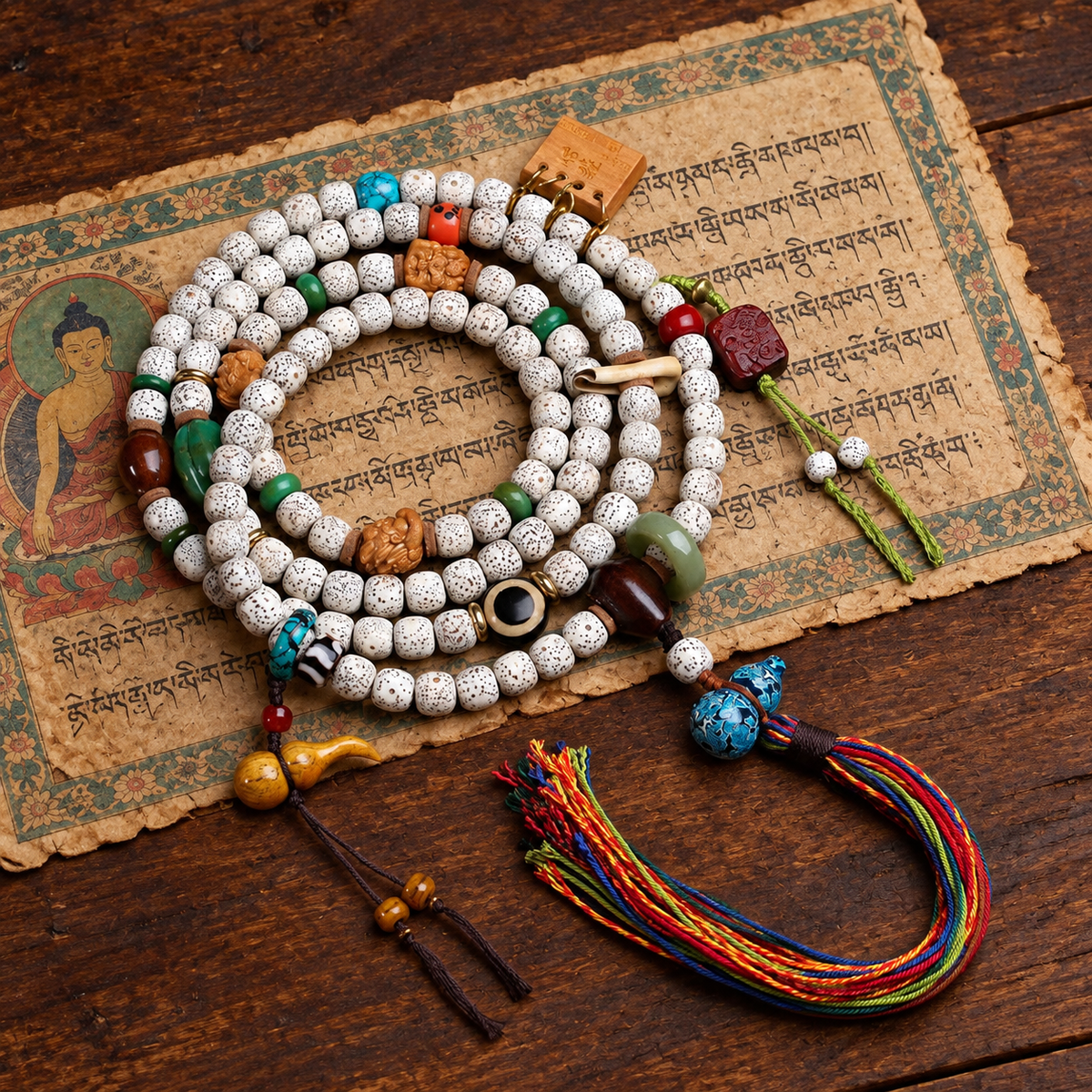 EverestArtstudios Xingyue Bodhi 108-Bead Mala Necklace with Tassel Accents — styled on wood with a scripture display prop