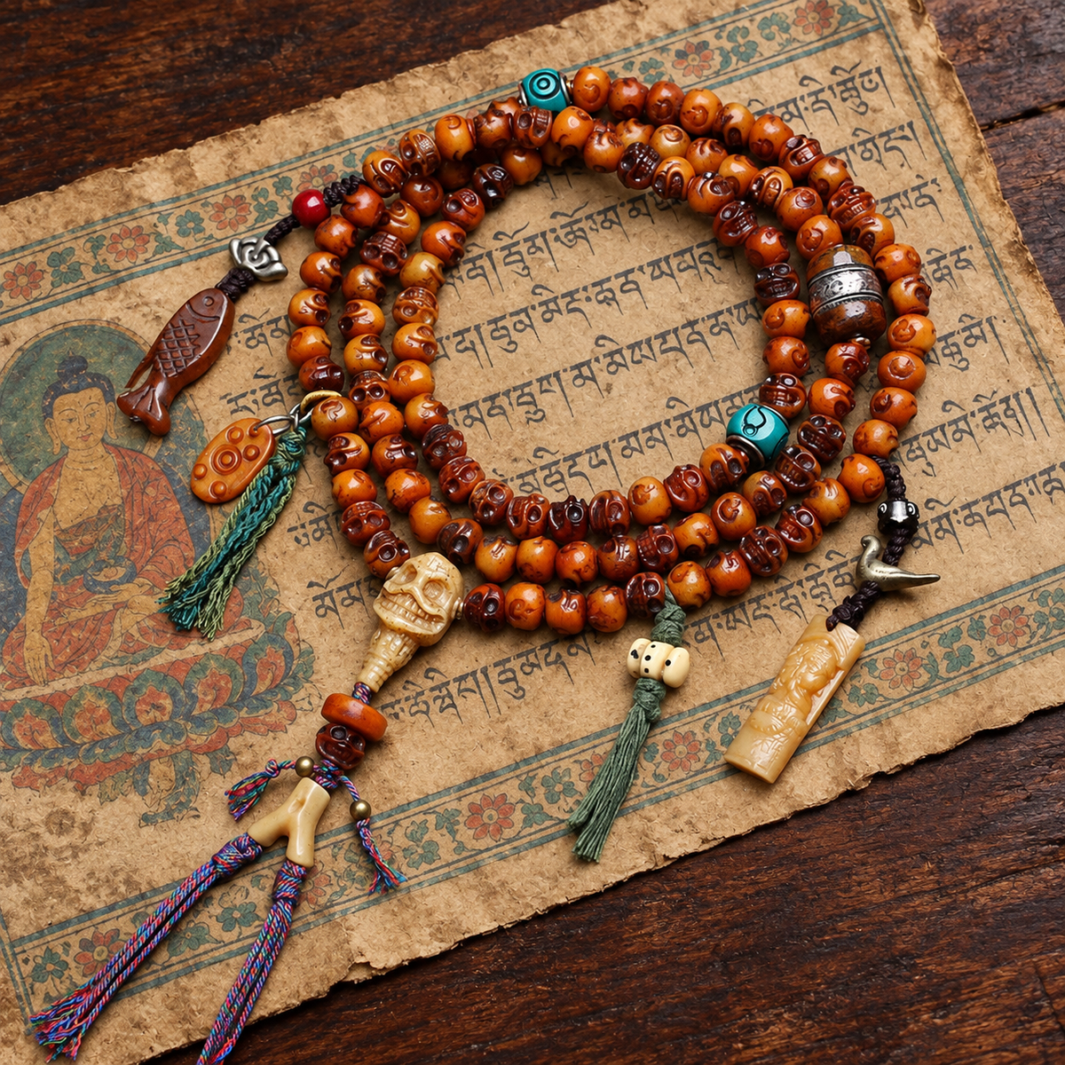 EverestArtstudios Carved Camel Bone 108-Bead Mala with Yak Bone and Agate Accents — styled on wood with a scripture display prop