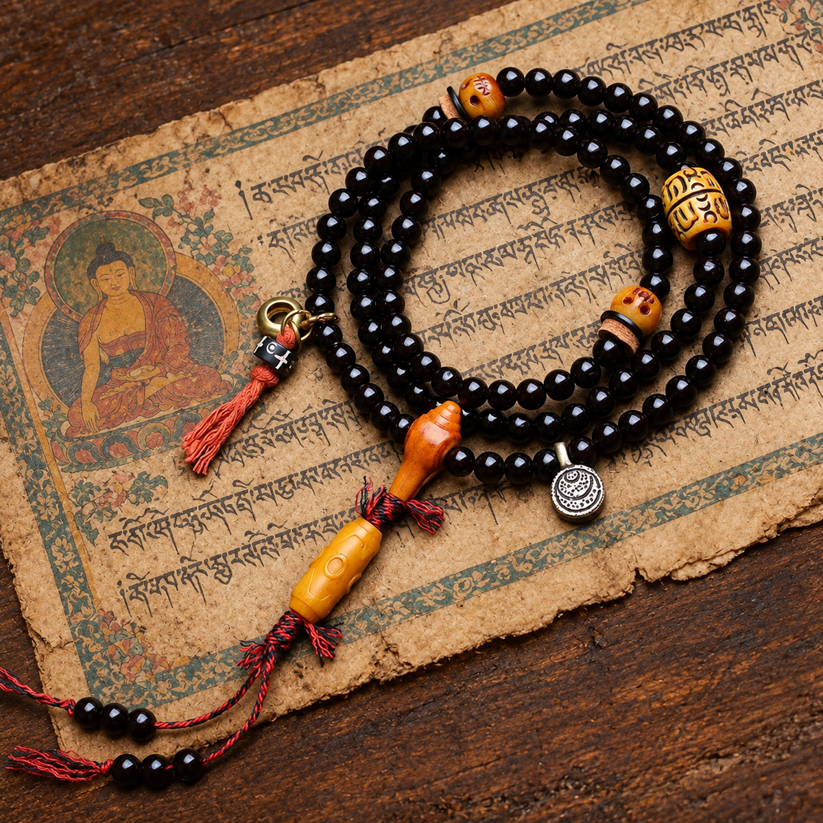 EverestArtstudios Coconut 108-Bead Mala with Three-Eye Dzi-Style and Bone Accents — styled on wood with a scripture display prop