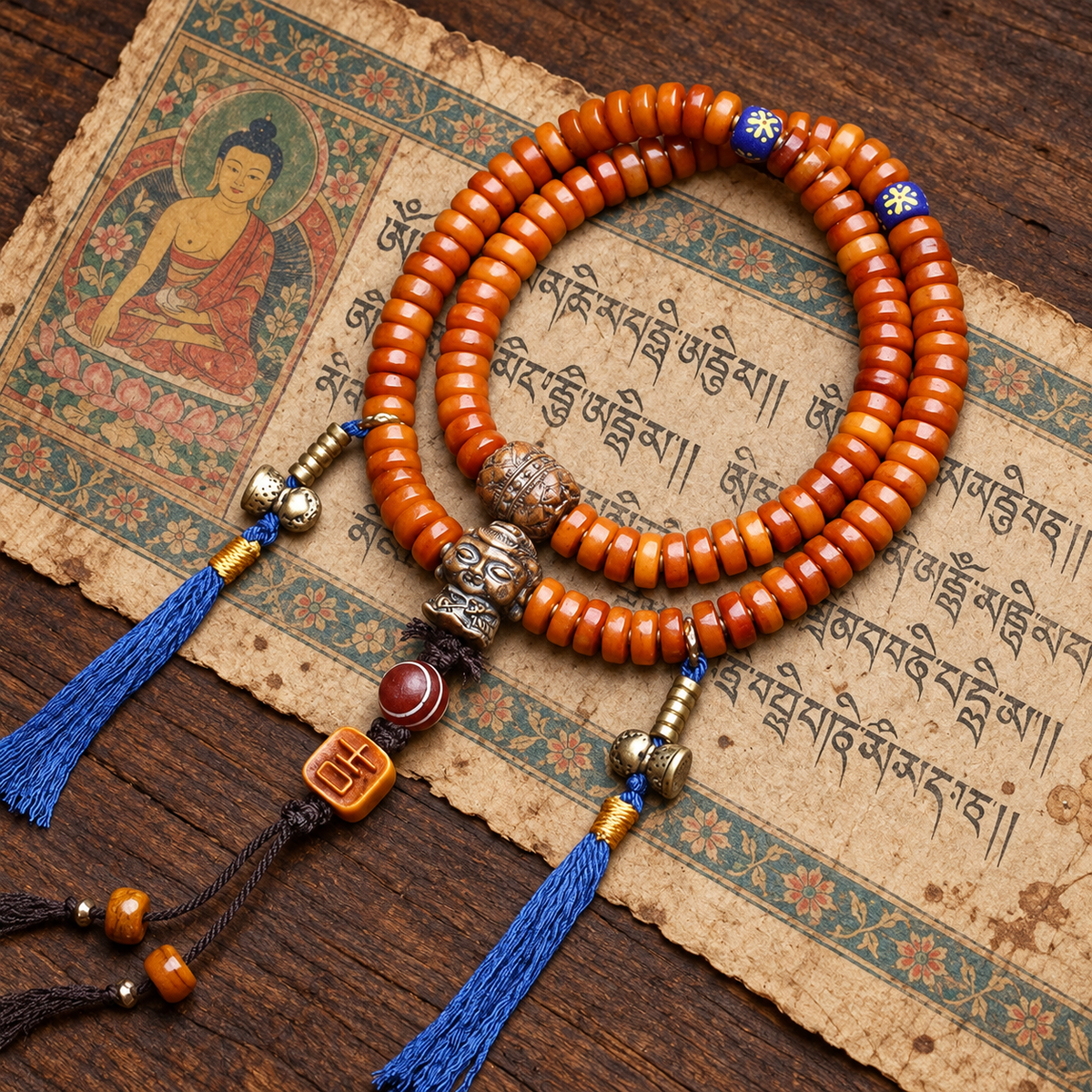 EverestArtstudios Yak Bone 108-Bead Mala with Lotus and Vajra Bodhi Accents — styled on wood with a scripture display prop