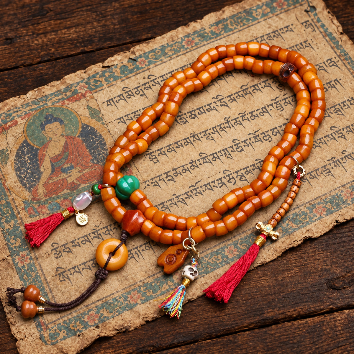 EverestArtstudios Bone 108-Bead Mala with Agate and Safety Ring Accents — styled on wood with a scripture display prop