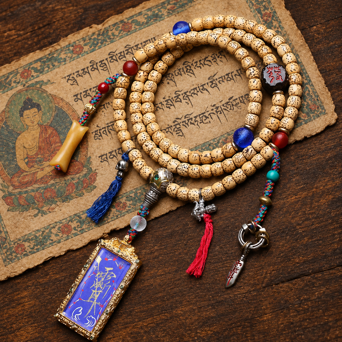 EverestArtstudios Xingyue Bodhi 108-Bead Mala with Thangka-Style Pendant and Sandalwood — styled on wood with a scripture display prop