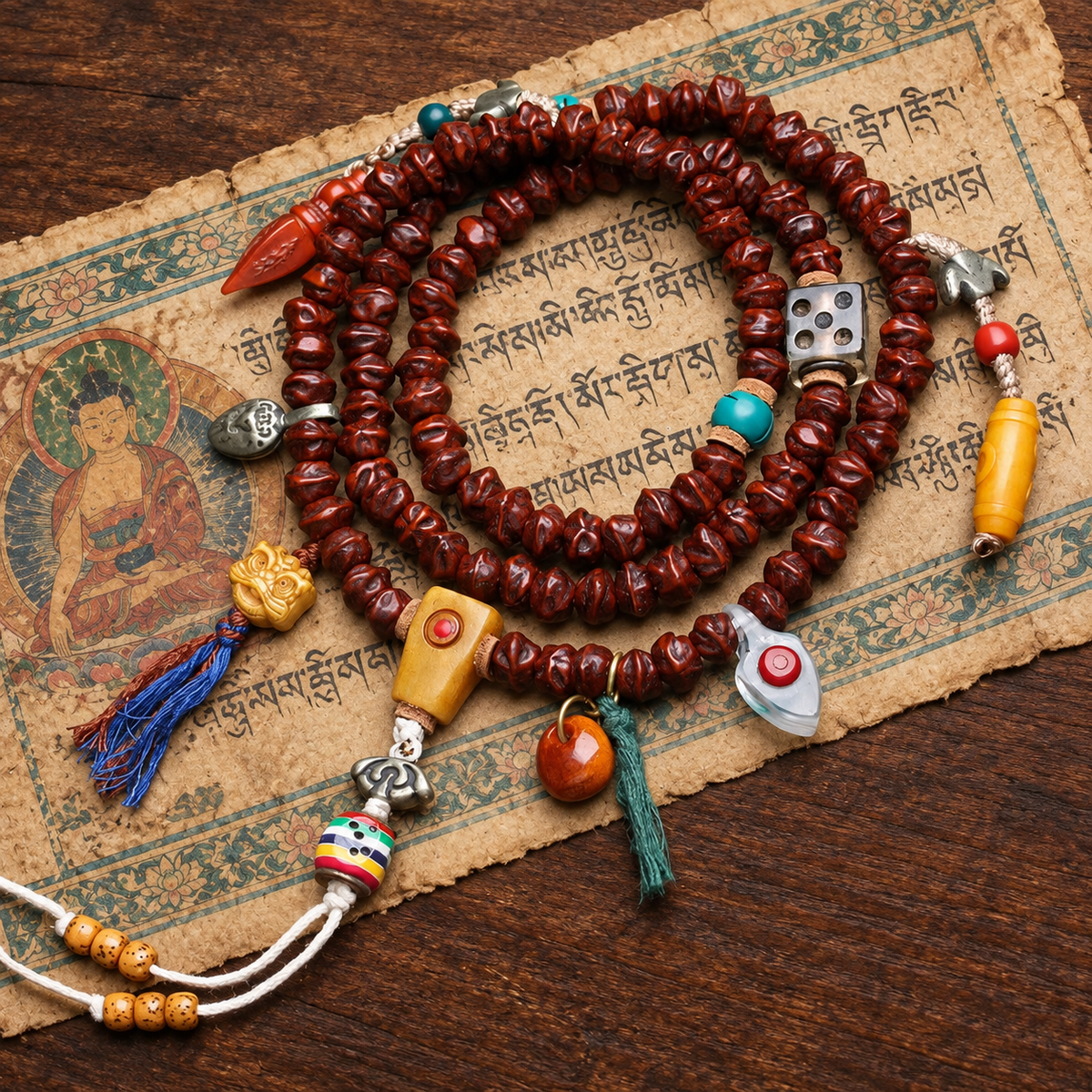 EverestArtstudios Bodhi Seed 108-Bead Mala with Dzi-Style and Vajra Motif Accents — styled on wood with a scripture display prop