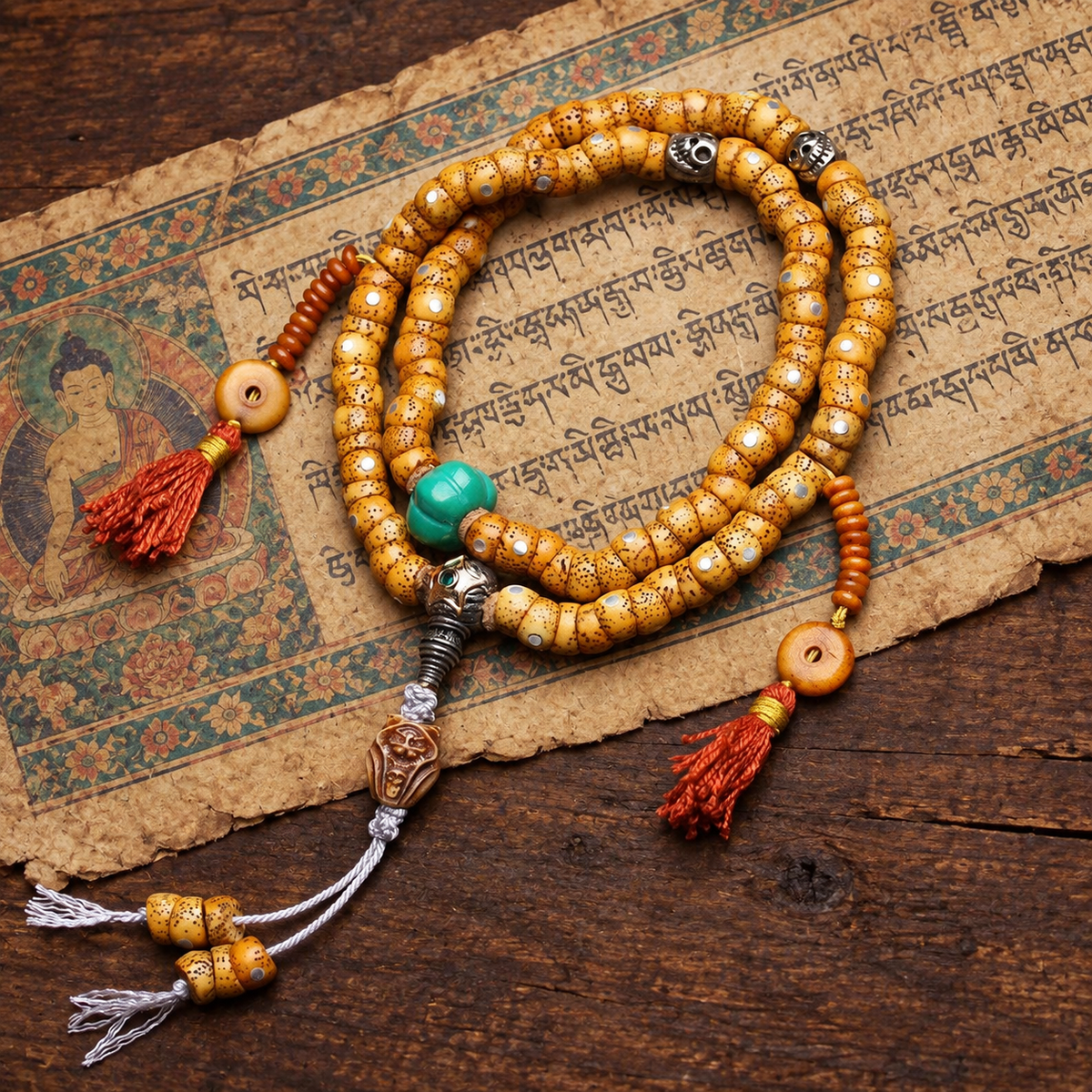 EverestArtstudios Textured Xingyue Bodhi 108-Bead Mala with Bone Accents — styled on wood with a scripture display prop
