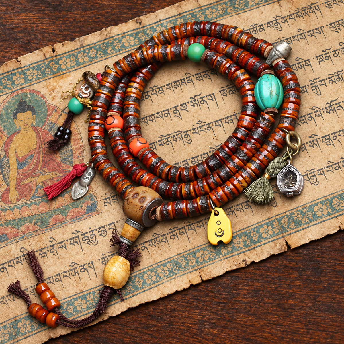 EverestArtstudios Yak Bone 108-Bead Mala with Ghau Pendant and Hanging Charm — styled on wood with a scripture display prop