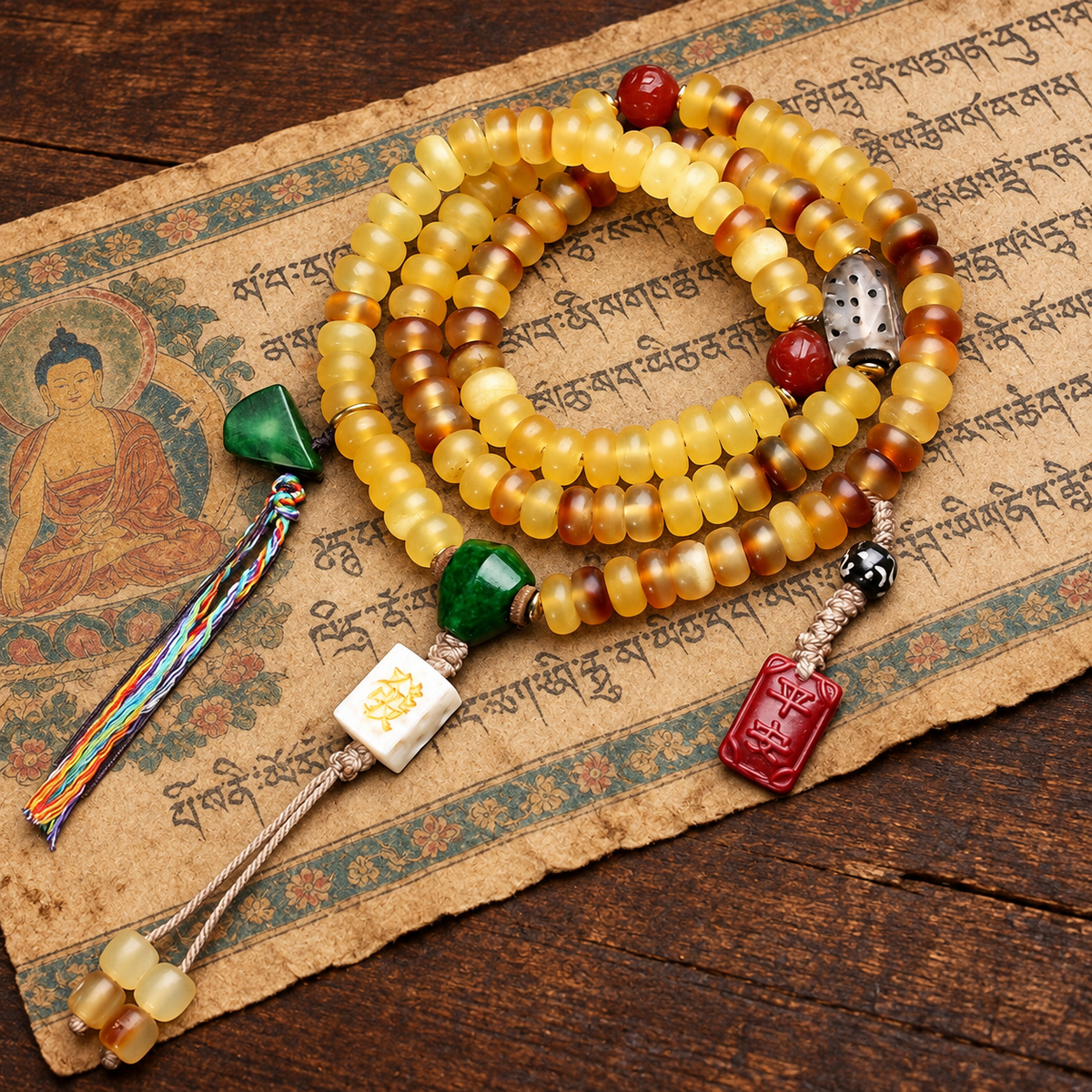 EverestArtstudios Golden Armor Disc-Bead Mala with Agate Accents — styled on wood with a scripture display prop