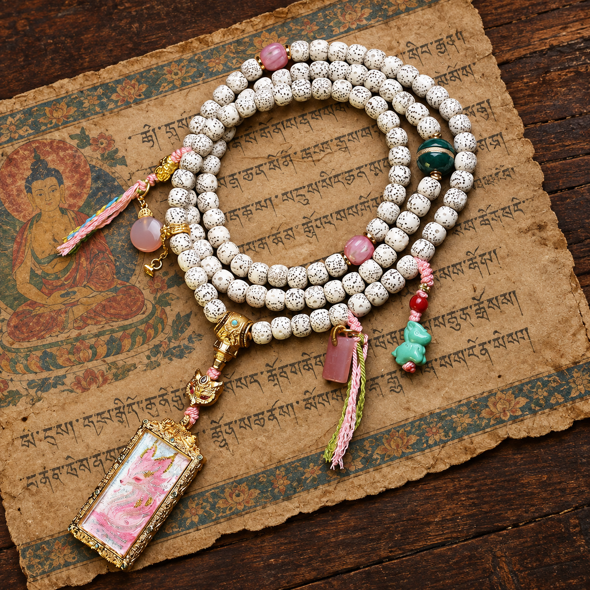 EverestArtstudios Xingyue Bodhi 108-Bead Mala with Nine-Tailed Fox Thangka-Style Pendant — styled on wood with a scripture display prop