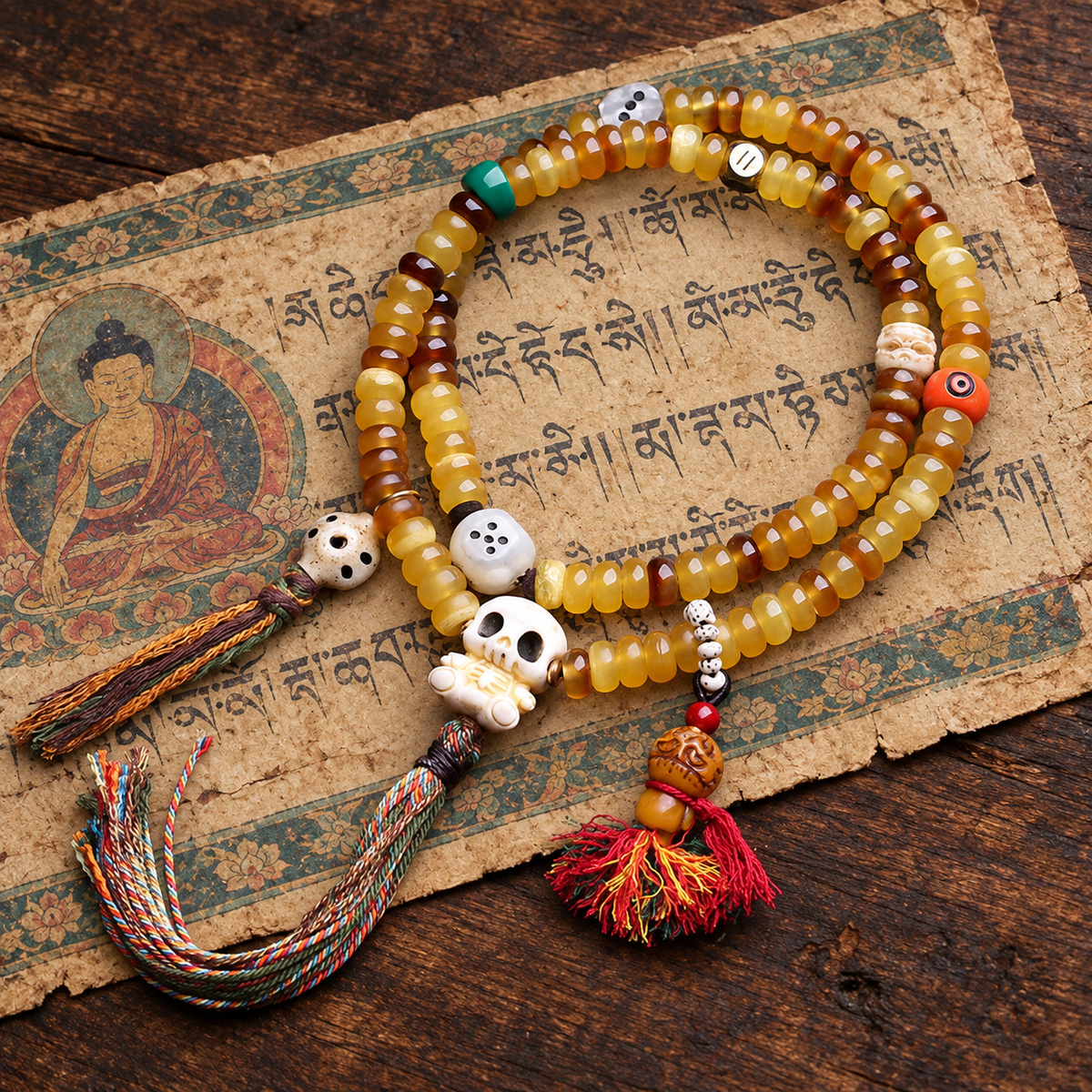 EverestArtstudios Golden Armor Bead 108-Bead Mala with Antler and Pearl Accents — styled on wood with a scripture display prop