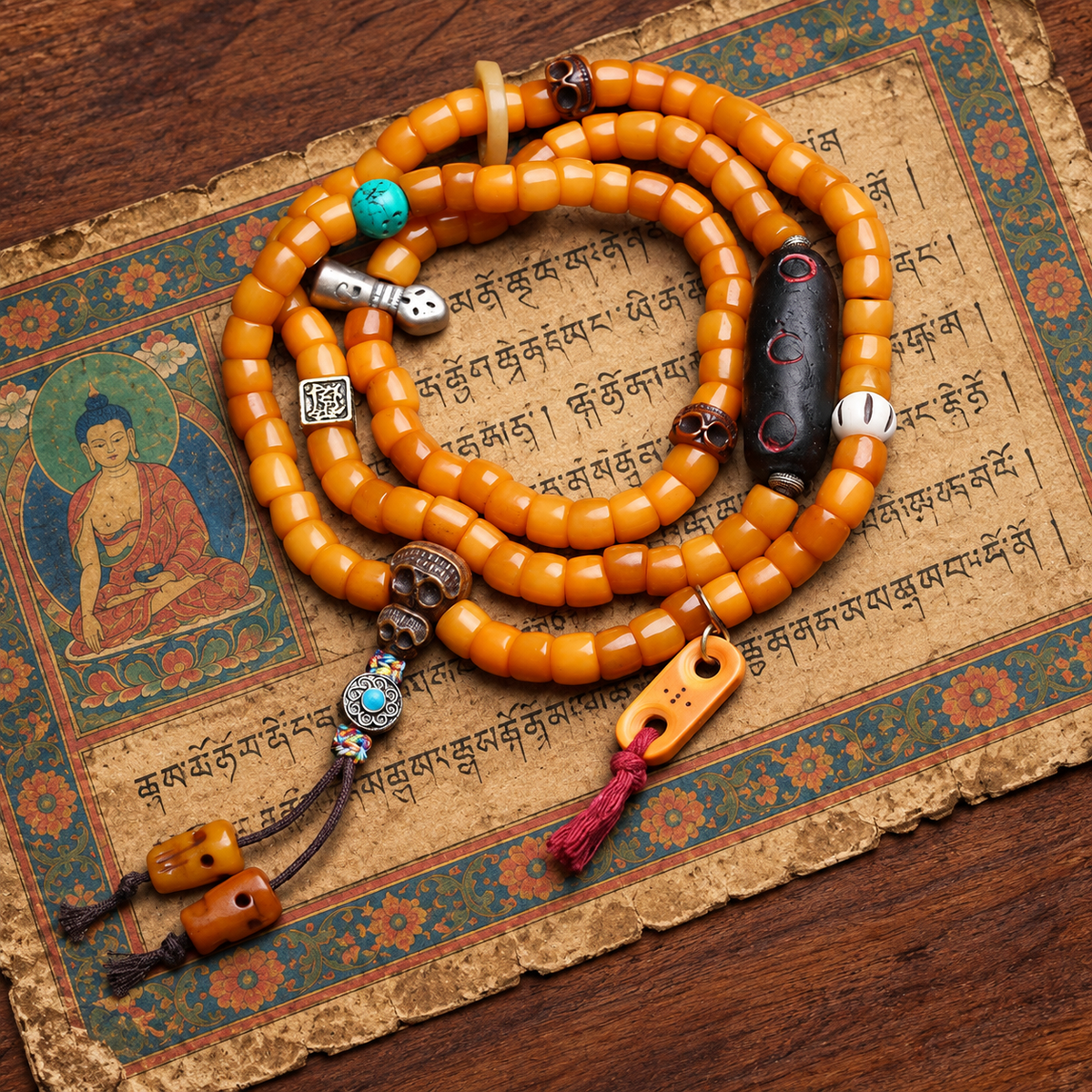 EverestArtstudios Bone 108-Bead Mala with Carved Yak Bone Accents — styled on wood with a scripture display prop