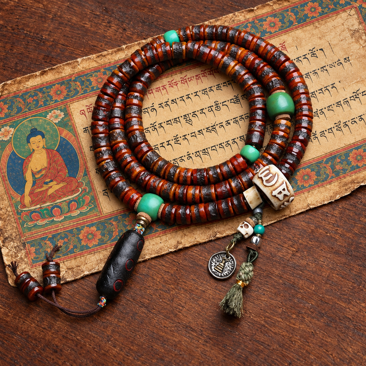 EverestArtstudios Bone 108-Bead Mala with Rahula-Inspired Pendant — styled on wood with a scripture display prop