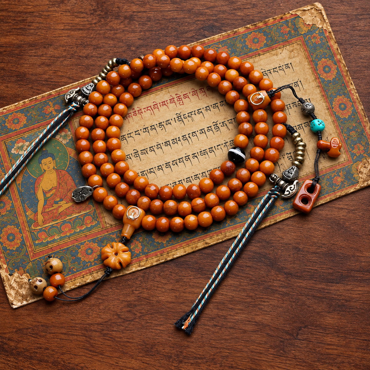 EverestArtstudios Yak Bone 108-Bead Mala with Agate and Faceless Buddha Motif — styled on wood with a scripture display prop