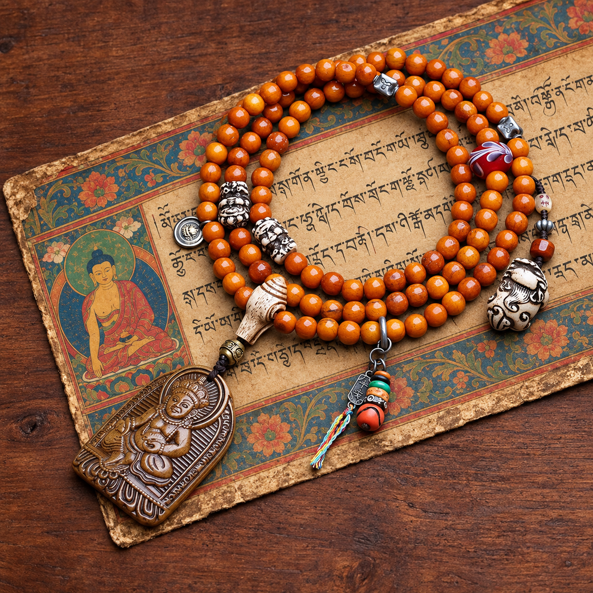 EverestArtstudios 108-Bead Mala with Wealth Deity Pendant and Yak Bone Accents — styled on wood with a scripture display prop