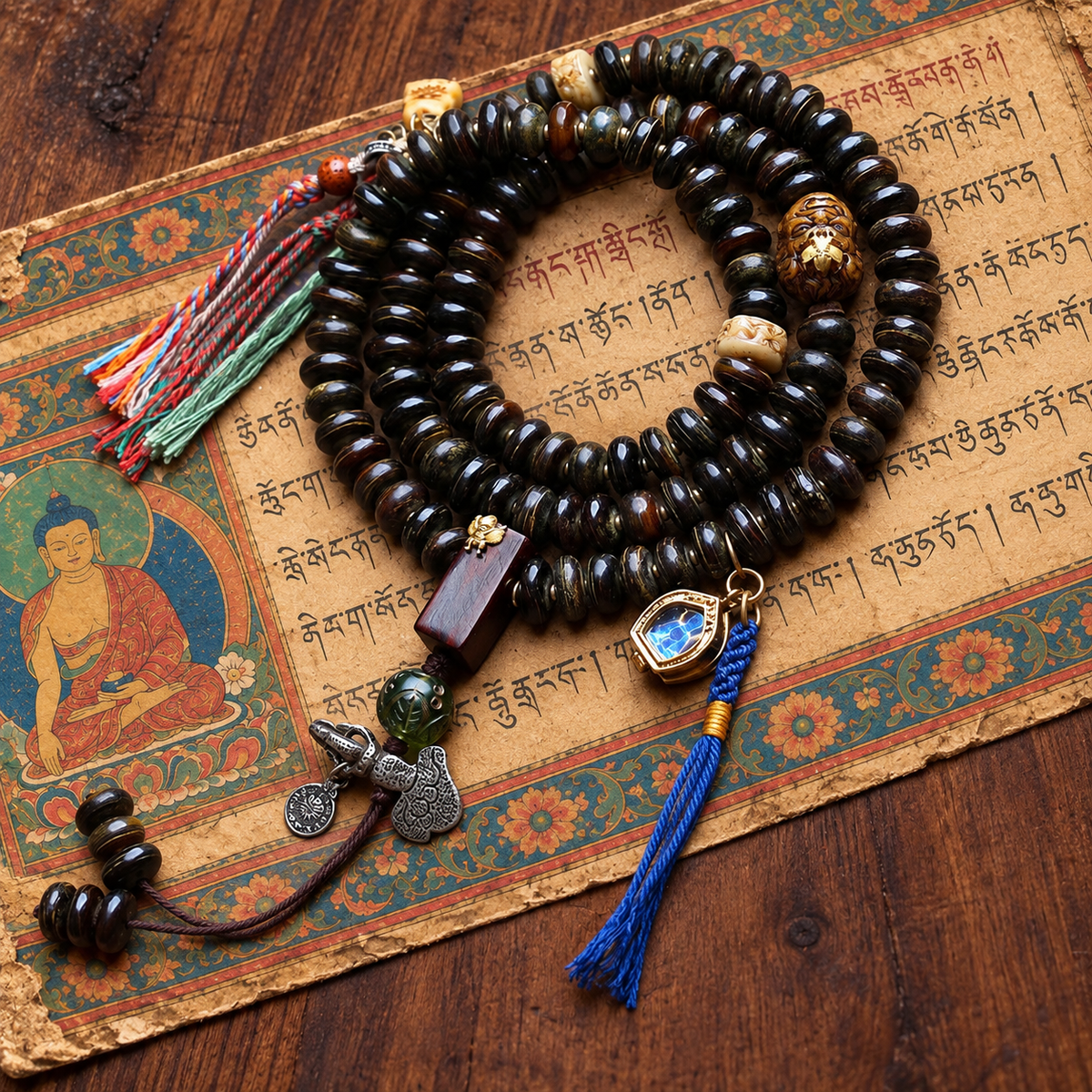 EverestArtstudios Bamboo-Pattern Bone 108-Bead Mala with Sandalwood Accents — styled on wood with a scripture display prop