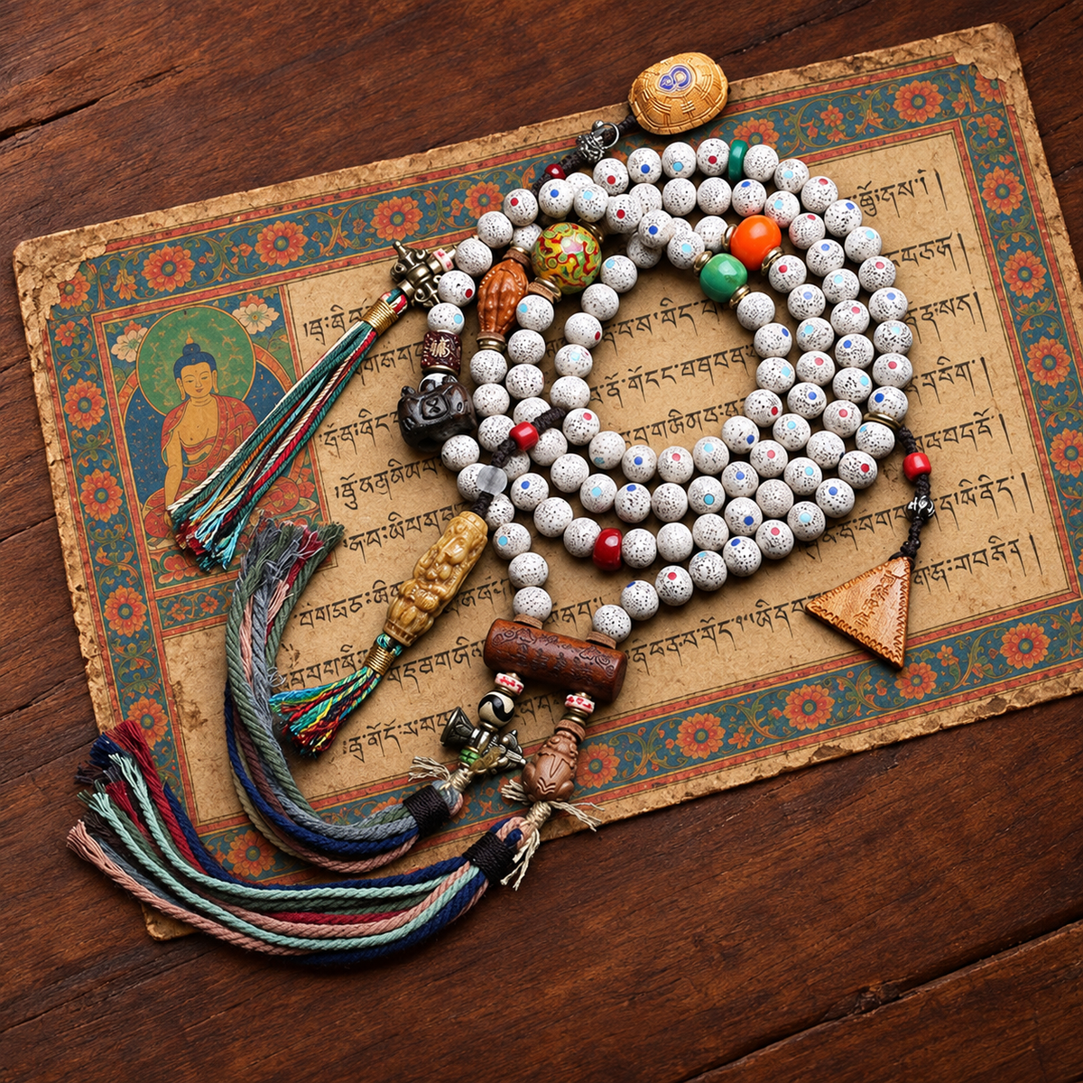 EverestArtstudios Inlaid Xingyue Bodhi 108-Bead Mala with Lacquer and Glass Accents — styled on wood with a scripture display prop