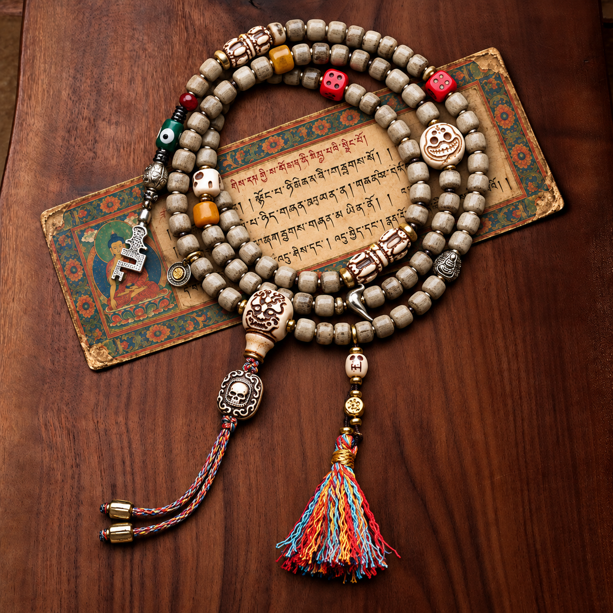 EverestArtstudios Bone 108-Bead Mala with Yak Bone and Pixiu Motif Accents — styled on wood with a scripture display prop